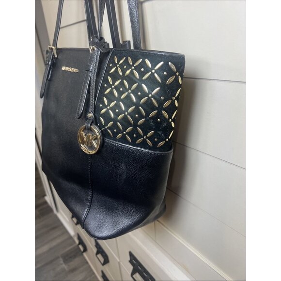 Michael Kors Leather Suede Black Jet Set Travel Tote Handbag Classic Purse - Picture 3 of 16